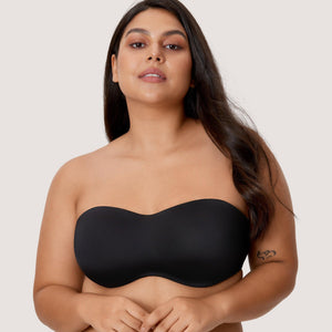 Front view of beige strapless seamless bra showing sweetheart neckline and full coverage cups - MissFine