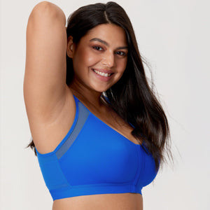 Side angle of blue seamless bra showing wide straps and molded full coverage cups - MissFine