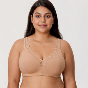 Front view of cotton plus size nude full cup wireless bra with lace neckline and adjustable straps - MissFine