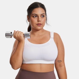 Front view of plus size white sports bra with full cup coverage and wide straps - MissFine