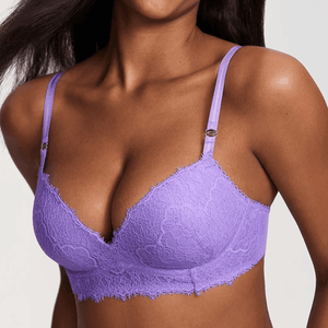 Front view of lilac lace plus size padded push up bra with plunge neckline and underwire - MissFine