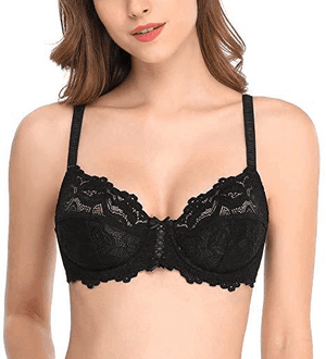 Close-up of sheer floral lace cups and underwire support detailing - MissFine
