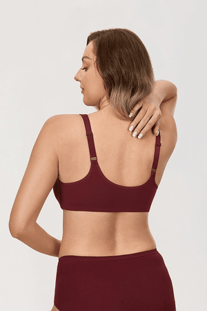 Back view burgundy bra with smooth wide band and adjustable shoulder straps - MissFine