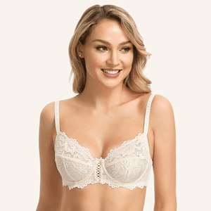 Front view of black full cup padded bra with lace overlay and adjustable straps - MissFine