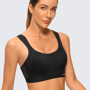 Front view of black plus size padded sports bra with scoop neckline and wide straps - MissFine