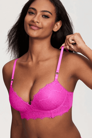 Close-up of lace overlay and scalloped trim on lilac padded push up demi bra cup - MissFine