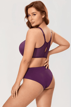 Three-quarter back view of purple front closure bra with wide straps on model - MissFine