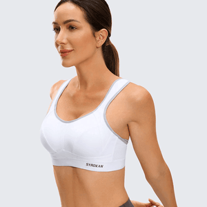Side angle of white padded sports bra showing smooth molded cups and branded underband - MissFine