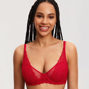 Front view of black lace full cup minimiser bra with mesh center panel and underwire support - MissFine