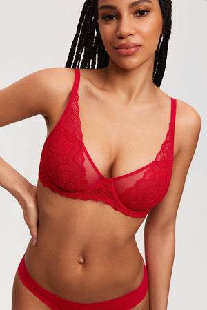Back view of red full coverage minimiser bra with wide band, lace detail and hook-and-eye closure - MissFine