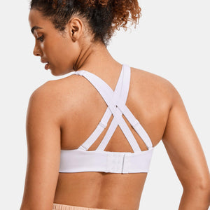 Back view of white plus size pull-on sports bra with wide racerback straps and band - MissFine