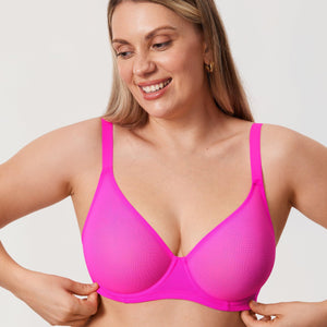 Close-up of magenta pink plunge bra with molded cups and visible underwire support - MissFine