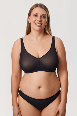 Close-up of wide soft straps and smooth fabric texture on black full cup bra - MissFine