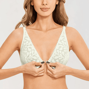 Front view of lace plunge underwire bra with front clasp and adjustable straps in white - MissFine