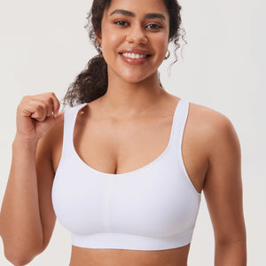 Front view of plus size white wireless bra with wide comfort straps and full coverage cups - MissFine