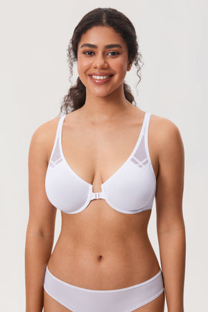 Close-up of front clasp and mesh detail on white molded T-shirt bra cups - MissFine