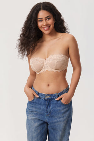 Front view of pink lace strapless balconette bra showing scalloped cup edge - MissFine