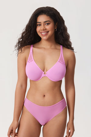 Angled view of candy pink front closure bra showing breathable smooth fabric - MissFine