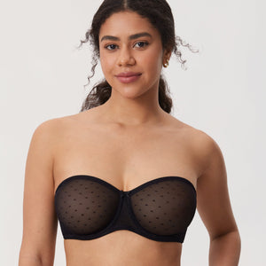 Side angle of black strapless bra showing molded cups and underwire support - MissFine