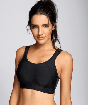 Back view of plus size pull-on sports bra with racerback straps and wide underband - MissFine