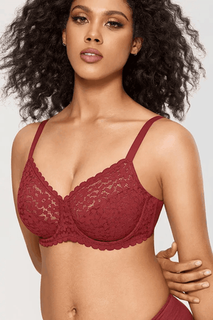 Back view of burgundy bra with adjustable shoulder straps and three-hook back closure for secure fit - MissFine