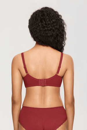 Close-up of floral lace overlay and scalloped edge detail on burgundy demi cup balconette bra - MissFine