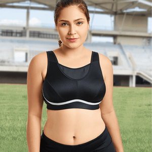 Front view of black full coverage sports bra with contrast white underband trim and molded cups - MissFine