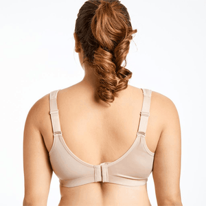 Back view of beige sports bra showing wide orthopaedic support band and hook-and-eye closure - MissFine