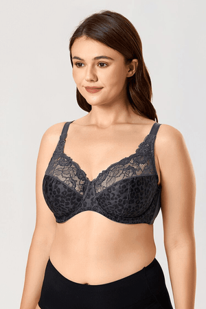 Side angle showing full coverage cups, adjustable straps and smooth minimiser profile on fuller bust - MissFine