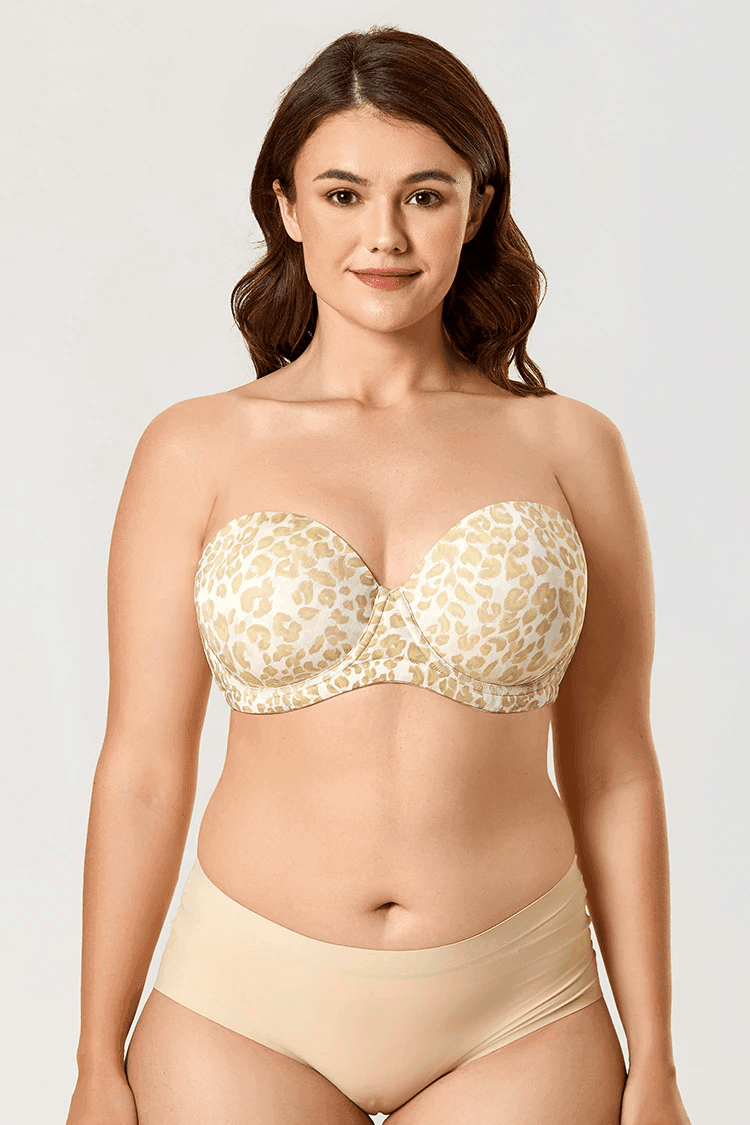 Side angle showing underwired support and smooth convertible strap attachment on leopard bra - MissFine