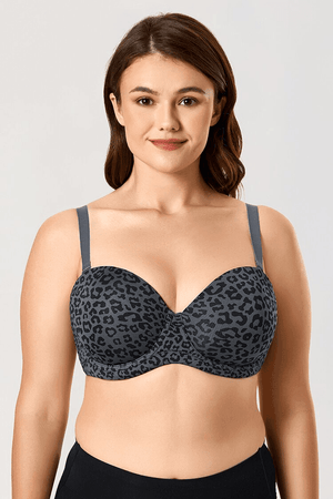 Close-up of molded foam leopard cups and low plunge center gore detail on strapless bra - MissFine