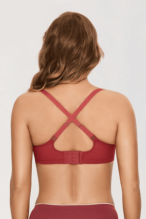 Back view of purple bra with convertible cross-back straps and multi-row hook-and-eye closure - MissFine