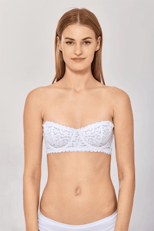 Close-up of floral lace overlay and molded padding on white demi cup strapless bra - MissFine