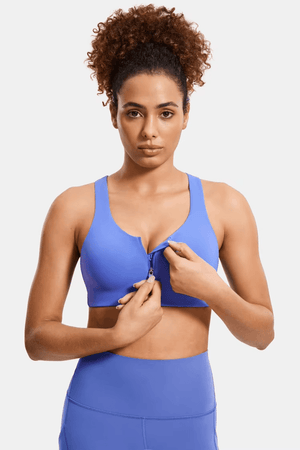 Back view of turquoise racerback sports bra with cutout detail and adjustable back band - MissFine