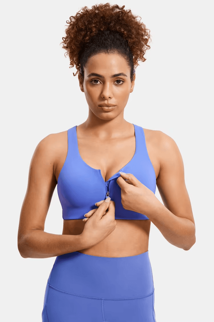 Back view of turquoise racerback sports bra with cutout detail and adjustable back band - MissFine