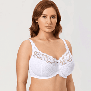 Front view of white full coverage lace bra with molded underwire cups and straps - MissFine