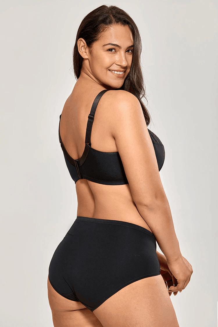Side view showing seamless black full coverage bra and supportive band - MissFine