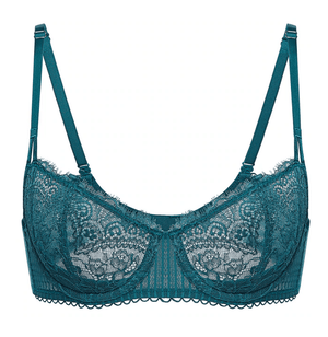 Close-up of floral lace overlay and scalloped edging on demi cup balconette bra - MissFine