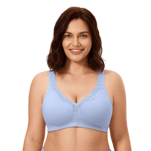 Back view of light blue full coverage bra with three-hook back closure and elastic band - MissFine