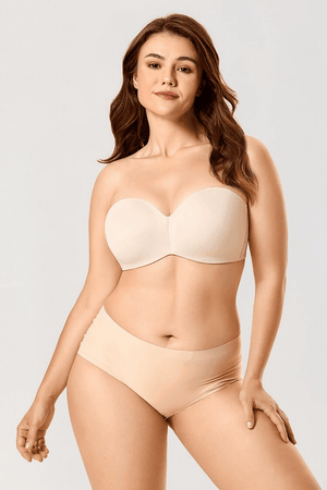Close-up of white strapless bra cups with light padding and sweetheart neckline - MissFine