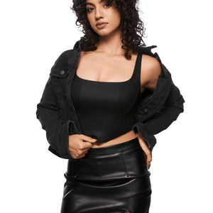 Side angle of molded plunge bra top showing smooth seamless cups and midriff length - MissFine