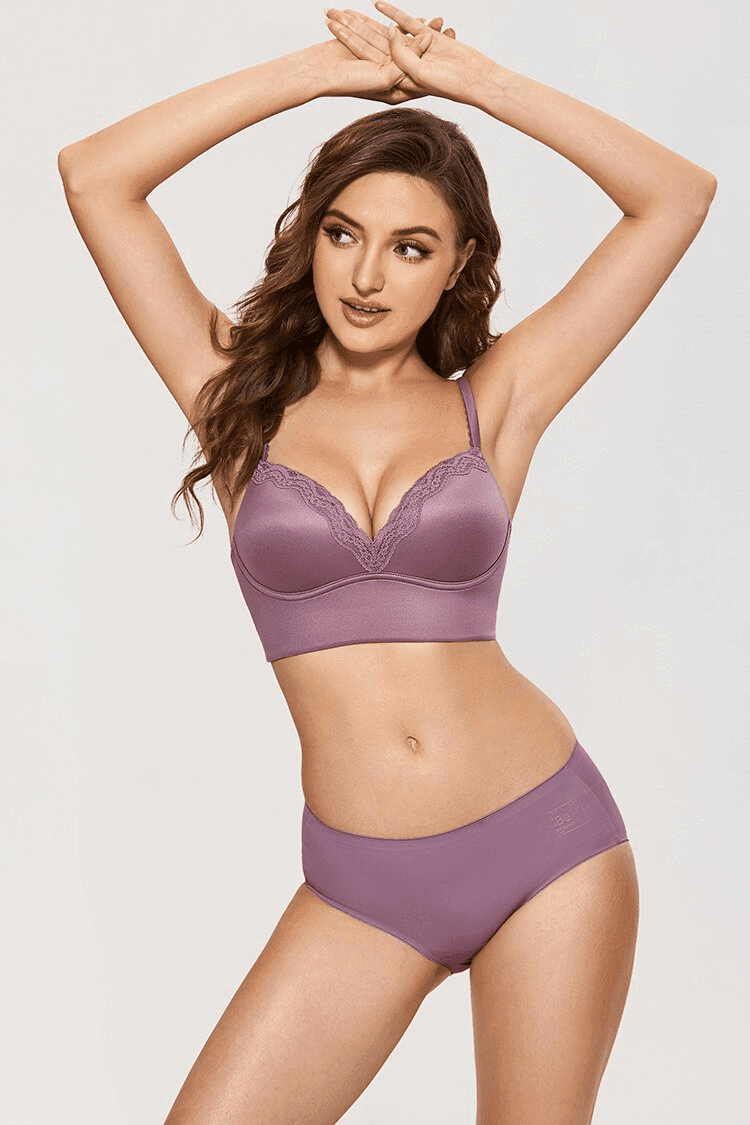 Close-up of lace scalloped neckline and padded underwired bras cup shaping in mauve tone - MissFine