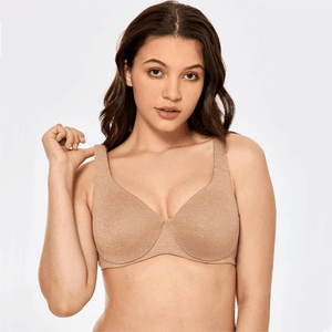 Front view of beige full coverage plus size bra with seamless molded cups and underwire support - MissFine