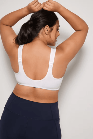 Back view of white racerback sports bra with wide straps and full band coverage, hook-and-eye closure - MissFine