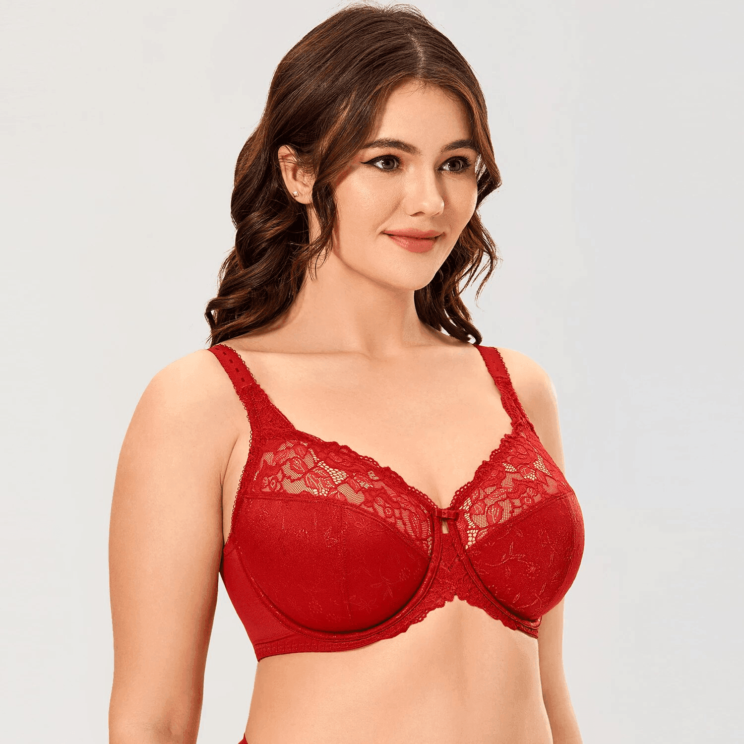 Angled view showing molded cups and wide-set adjustable straps on purple full cup bra - MissFine