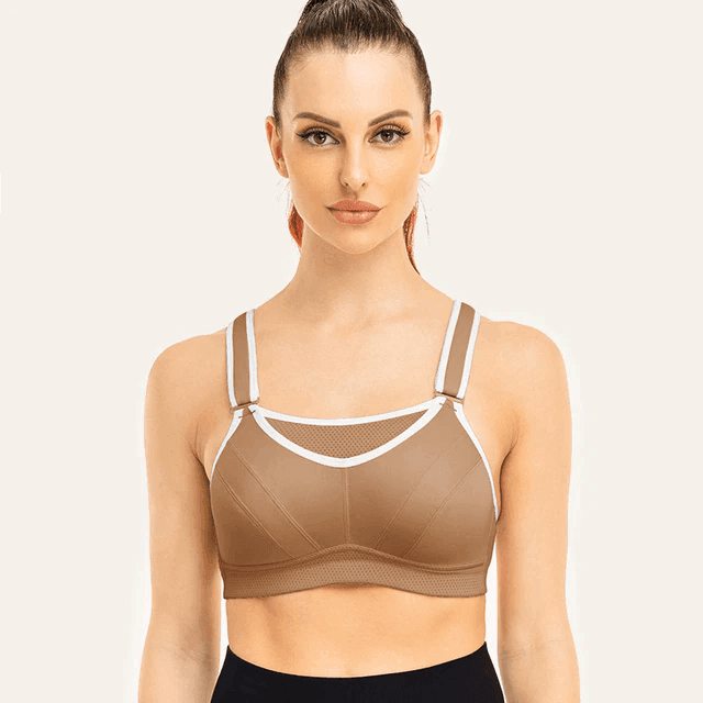 Side angle of plus-size padded sports bra showing wide straps and mesh neckline panel - MissFine