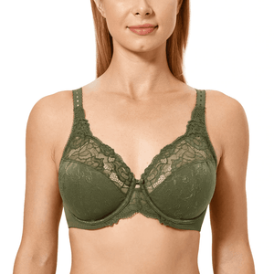 Front view of olive green full cup lace bra with molded underwire padded cups - MissFine