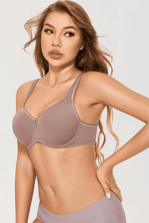 Close-up of front closure and molded padded cups on vintage purple full cup bra - MissFine