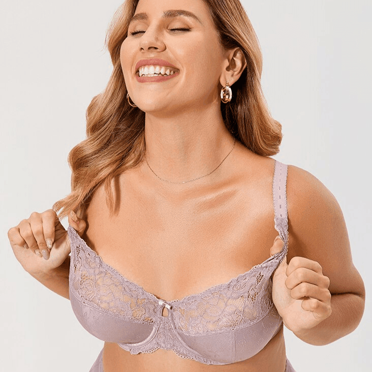 Angled side view showing adjustable straps and smooth minimiser cup shaping in lilac - MissFine