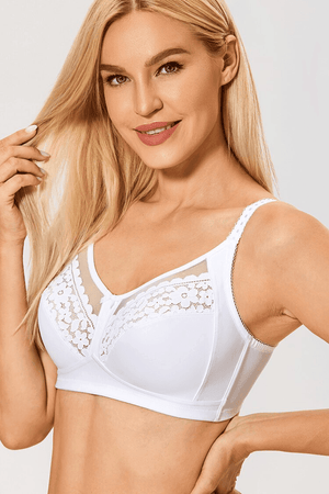 Close-up of floral lace and mesh panel detailing on upper bra cups - MissFine